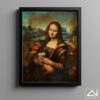 Mona lisa holding a cup of take away coffee
